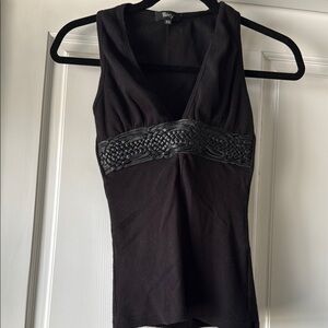 Sky Black Deep V Tank Top with Leather Woven Band - XS